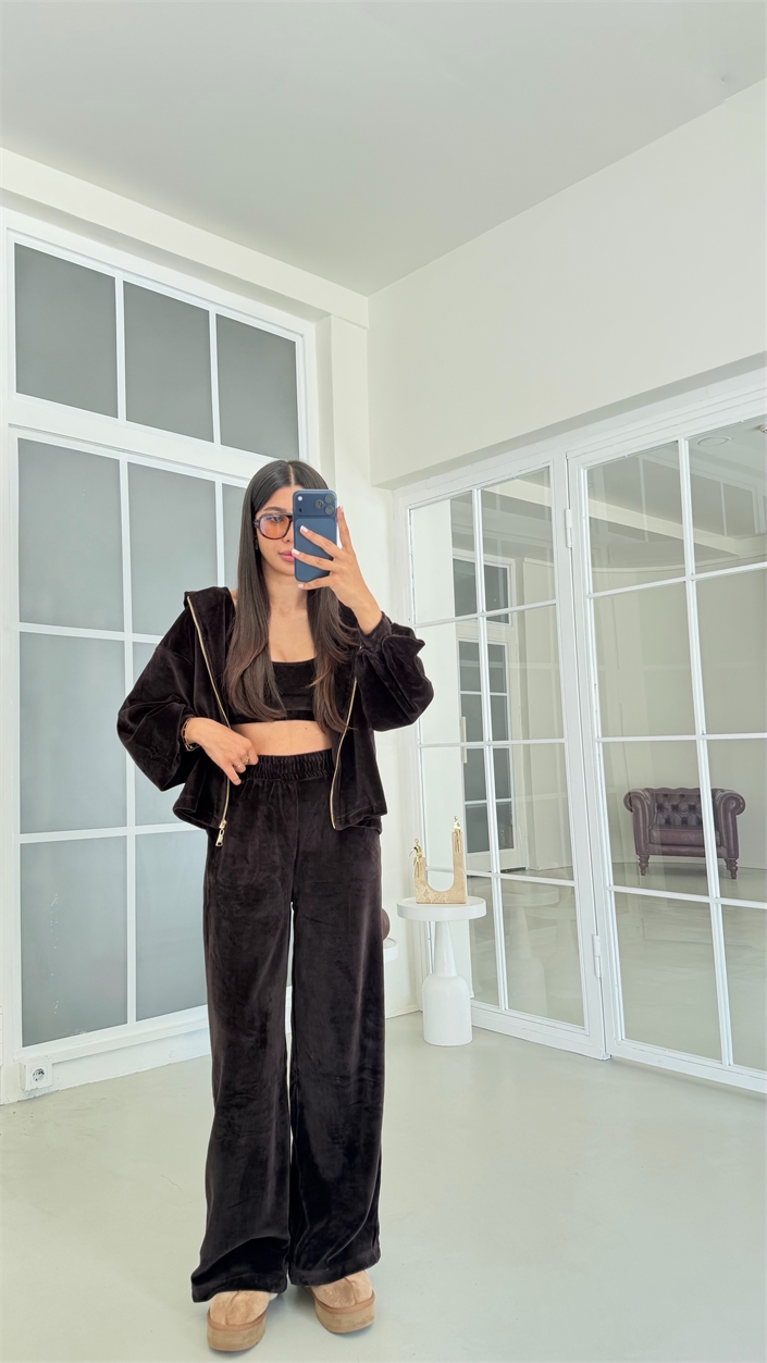 Acı Kahve Kapüşonlu Hırka Crop Beli Lastikli Pantolon 3lü Kadife Takım GAUS-02033