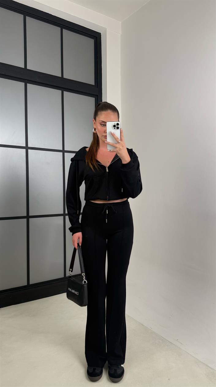 Siyah Crop Hırka Beli Lastikli İspanyol Paça Pantolon İkili Takım GAUS-00557