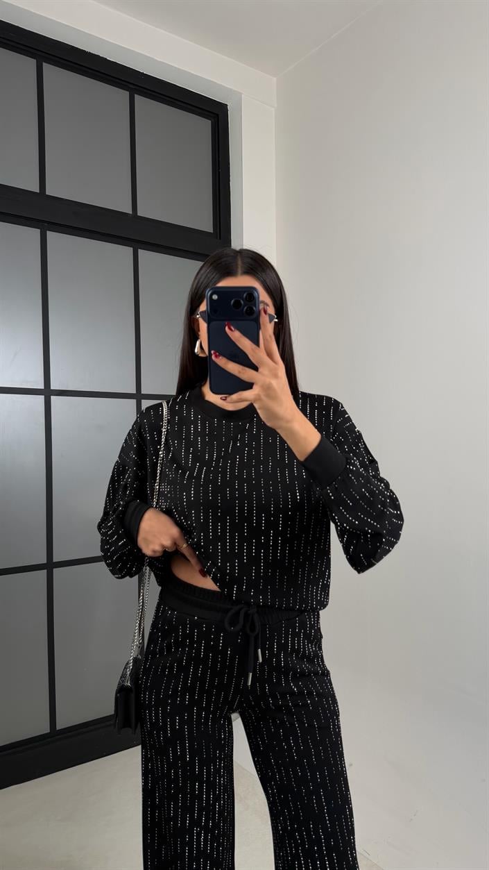 Siyah Kazak Beli Lastikli Pantolon Taş Detaylı Tasarım İkili Modal Takım GAUS-00674