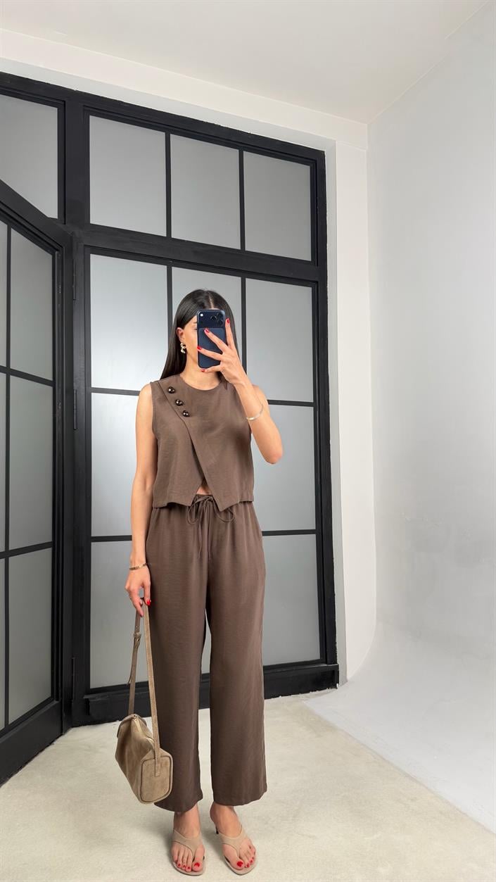 Kahve Yelek Beli Lastikli Pantolon Premium Takım GAUS-01538