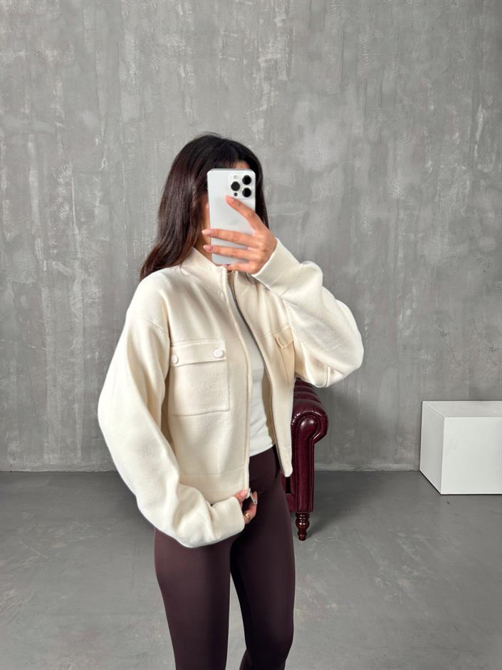 Luvi Krem Fermuarlı Triko Ceket 