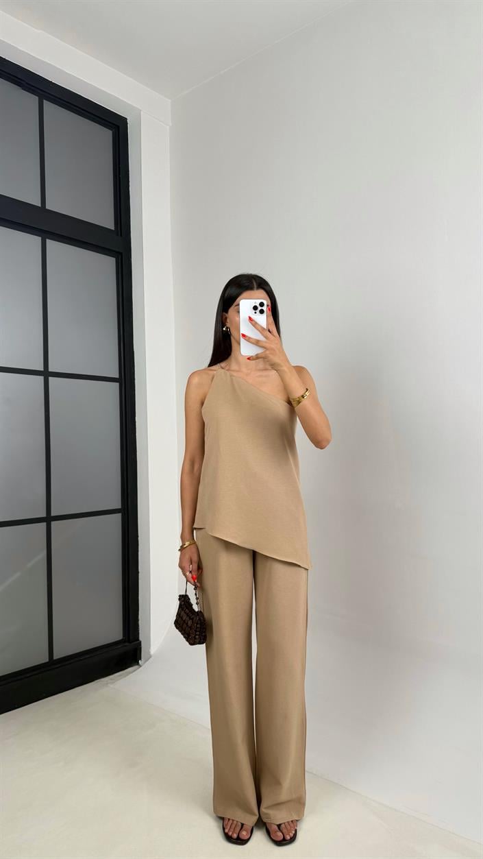 Vizon Tek Omuz Bluz Beli Lastlik Pantolon Keten Takım Gaus00696