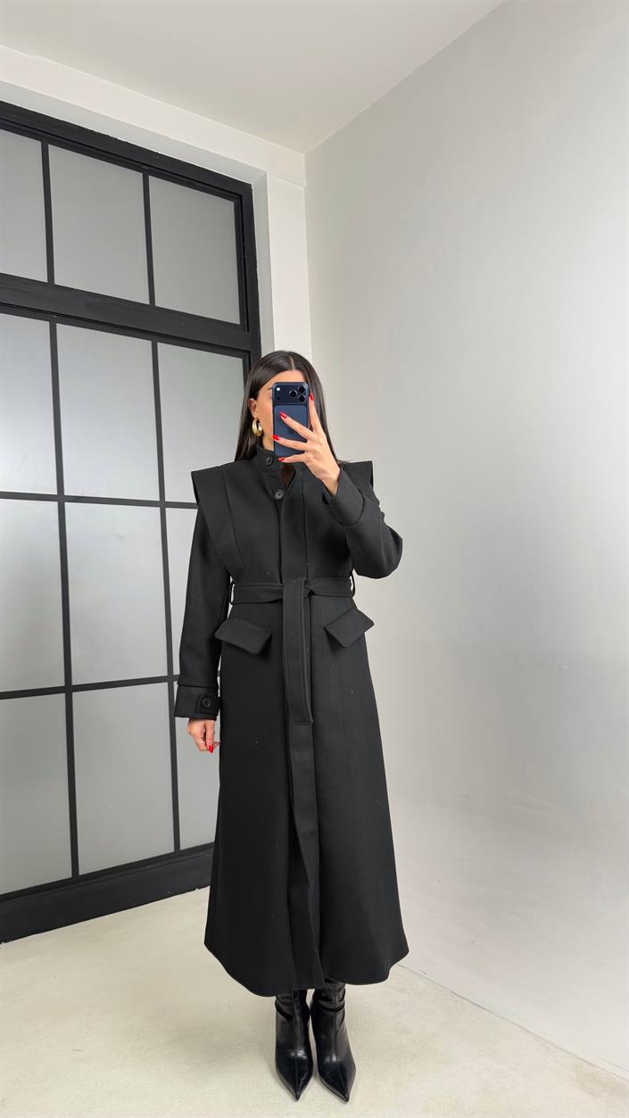 Siyah Astarlı Kuşaklı Cep Detaylı Premium Kaşe Kaban GAUS-00963