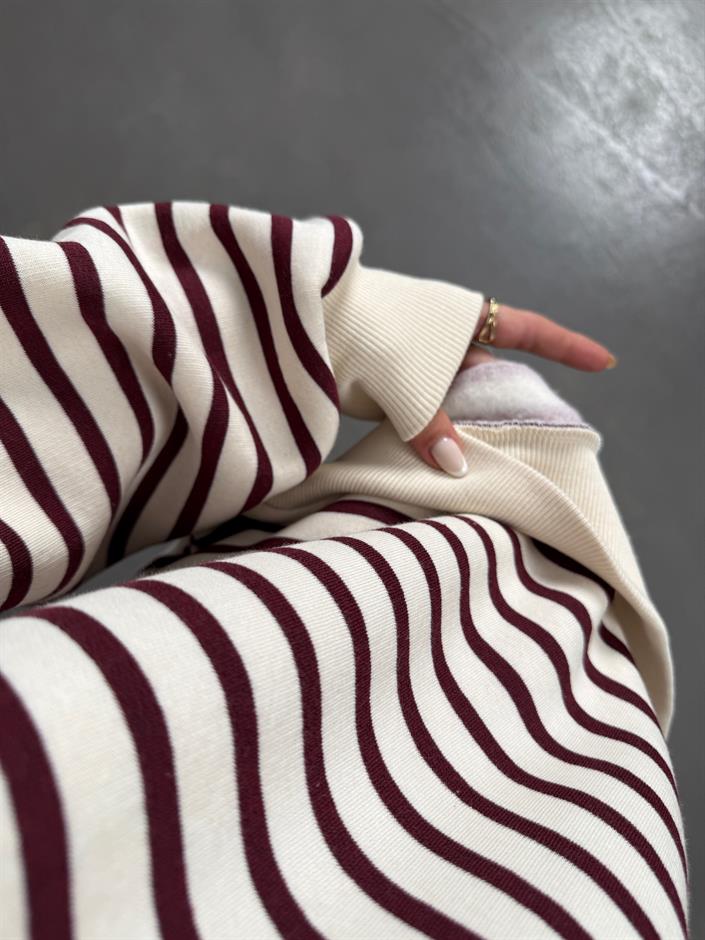Felisya Bordo Çizgili Üç İplik Şardonlu Sweat