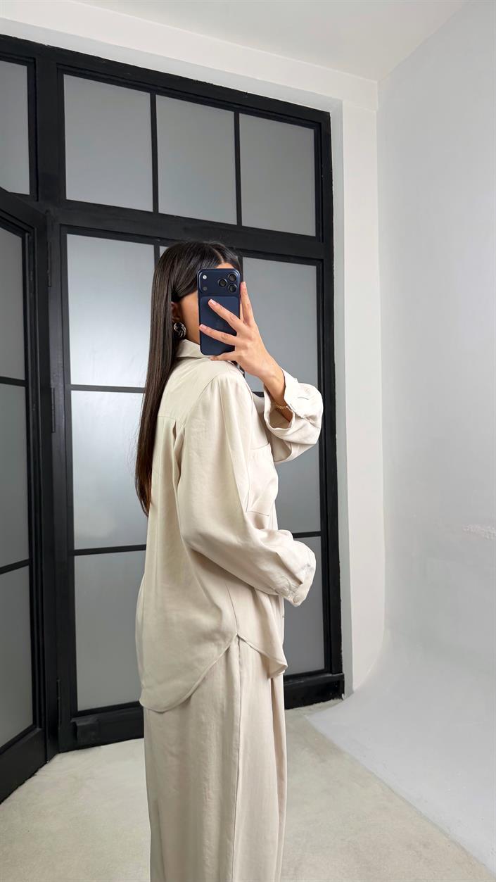 Taş Vatkalı Gömlek Kemerli Pantolon İkili Tencel Takım GAUS-01319