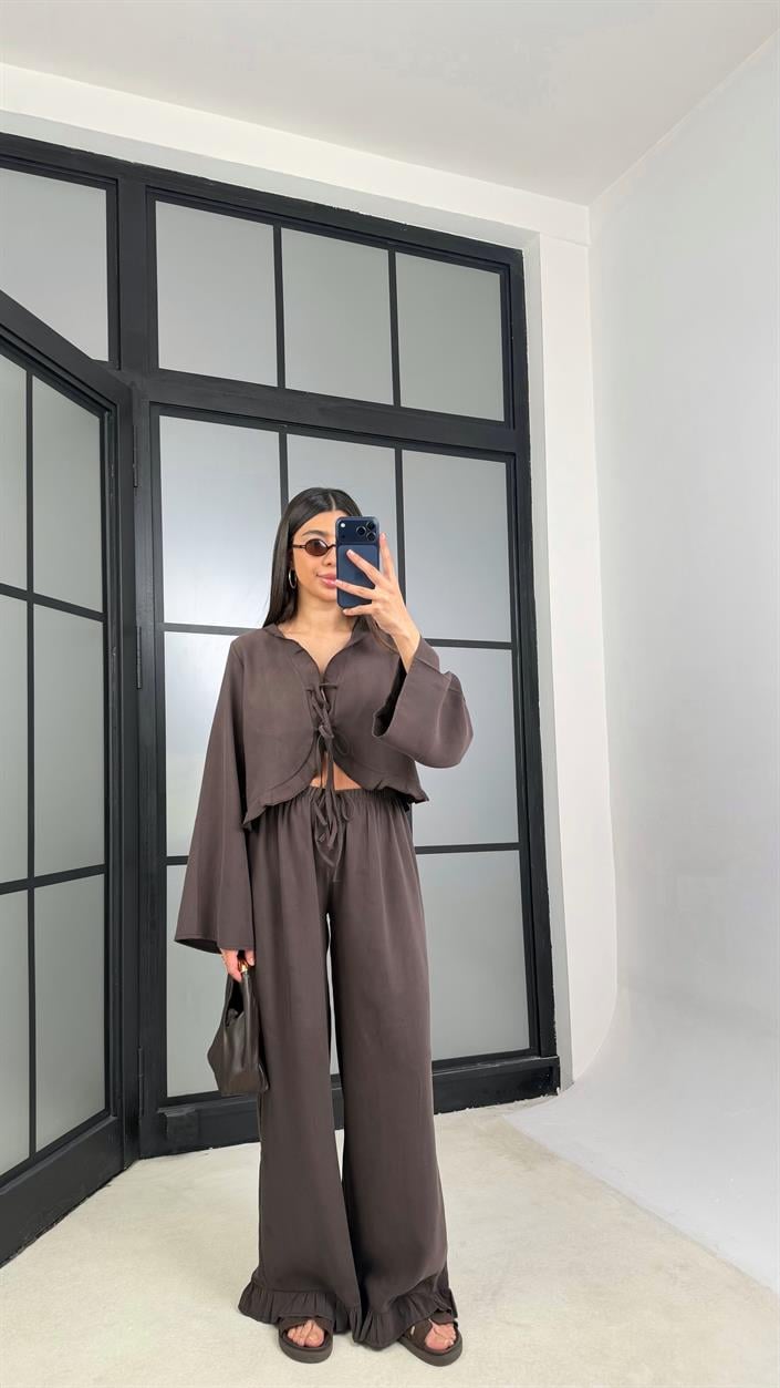 Acı Kahve Önden Bağlamalı Gömlek Beli Lastikli Pantolon İkili Tencel Takım GAUS-01336
