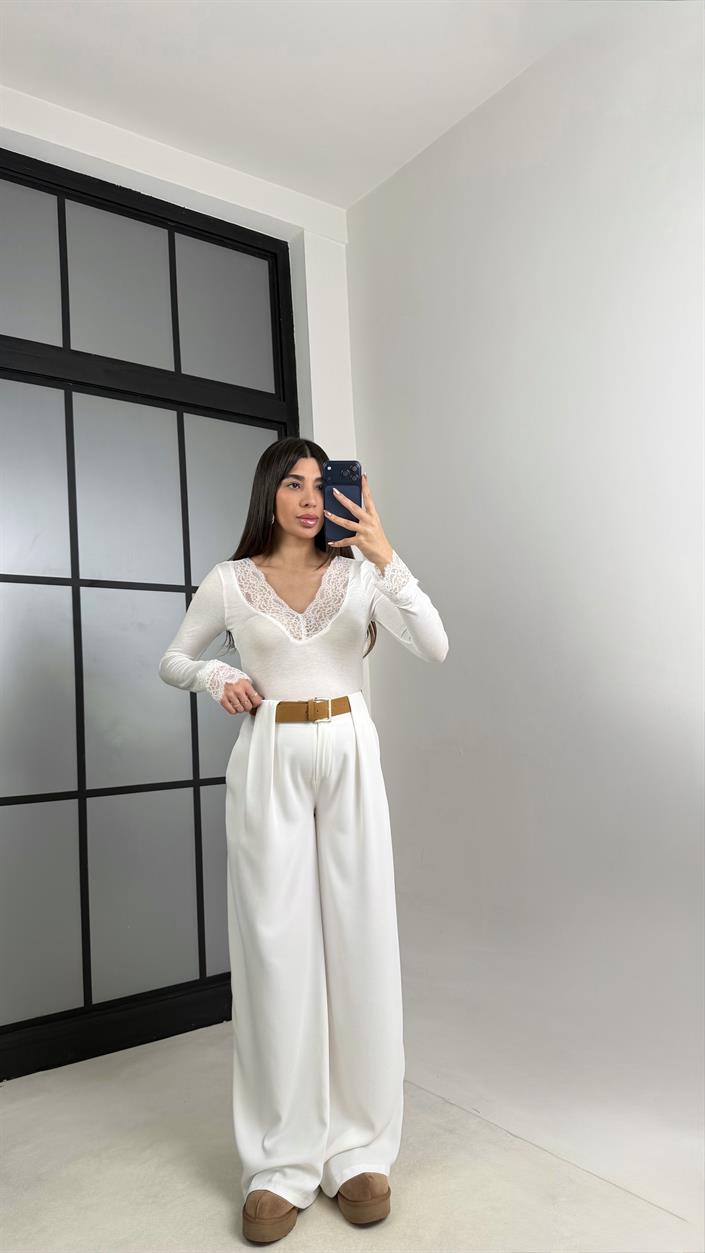 Ekru Kemerli Tasarım Premium Pantolon GAUS-00993