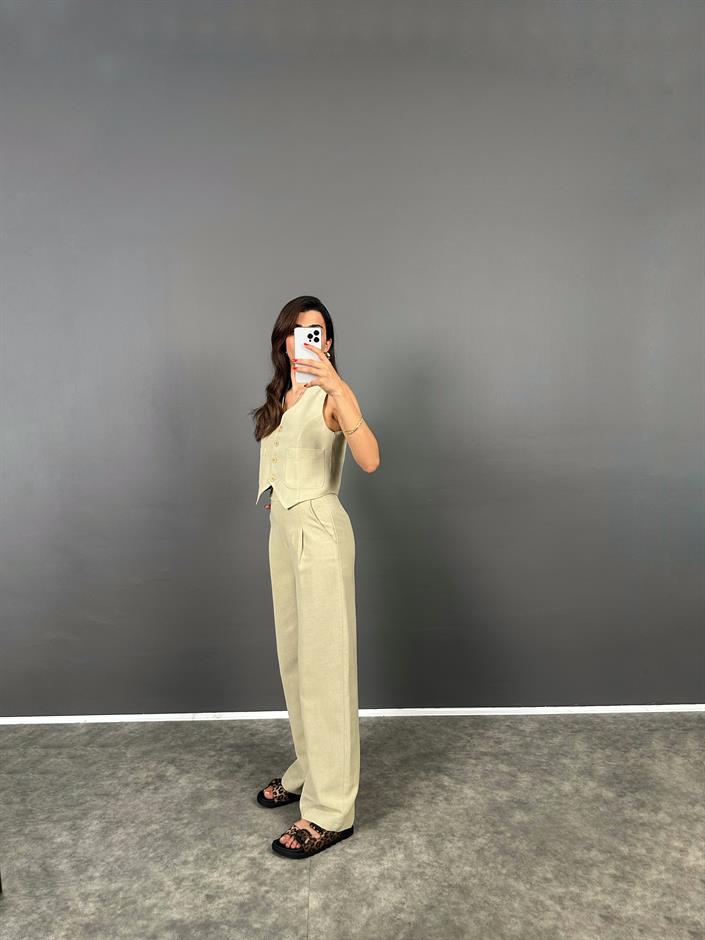 Evia Soft Haki  Premium Keten Yelek Pantolon İkili Takım