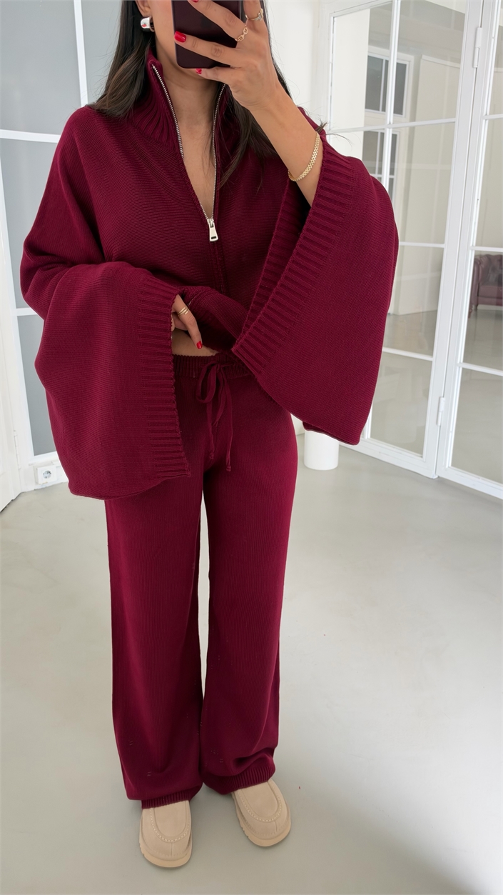 Mürdüm Yarasa Kol Hırka Beli Lastikli Pantolon İkili Triko Takım GAUS-02238