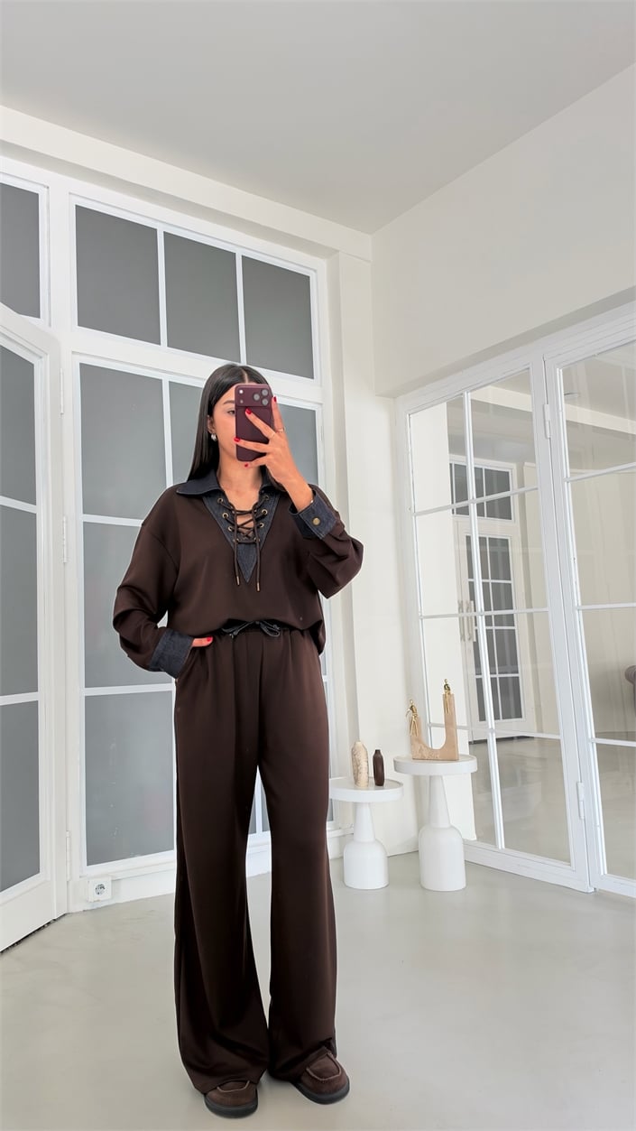 Acı Kahve Kuşgözü İpli Bluz Beli Lastikli Pantolon Denim Detaylı Takım GAUS-02305