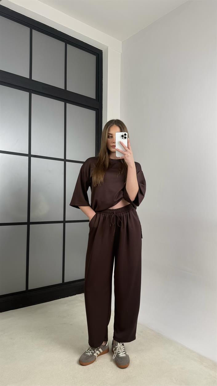Kahve Bluz Beli Lastikli Pantolon Modal Kumaş Basic Takım GAUS-01132