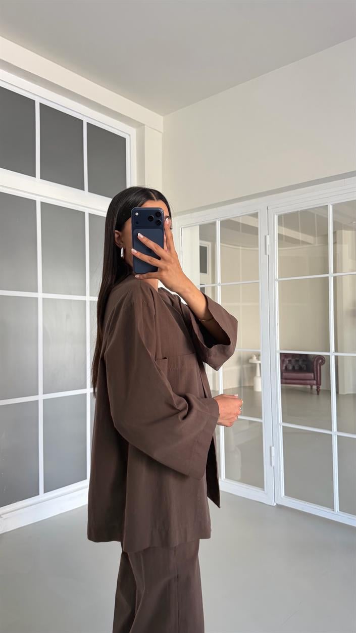 Kahve Kimono Beli Lastikli Pantolon İkili Keten Takım GAUS-01491