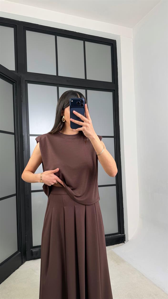 Kahve Vatkalı Bluz Cepli Etek İkili Modal Takım GAUS-01311