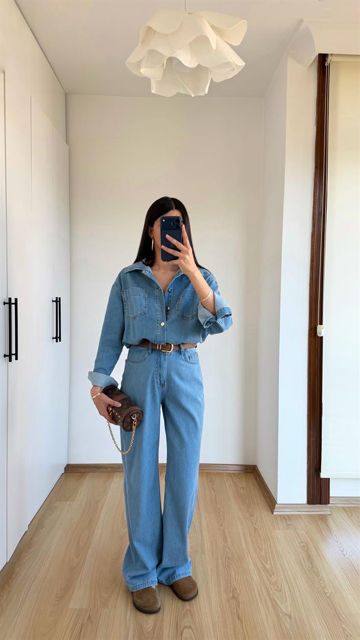 Mavi Beli Lastikli Tencel Denim Tulum GAUS-01394