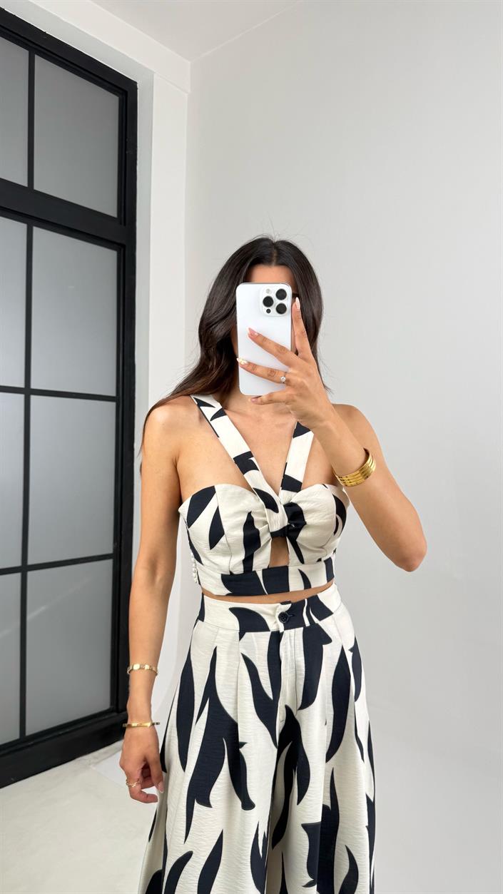 Ekru Desenli Beli Lastikli Crop Cepli Pantolon İkili Premium Takım Gaus00676