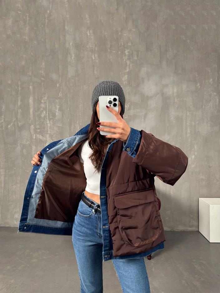 Jovi Kahve Denim Detaylı Astarlı Tasarım Şişme Mont