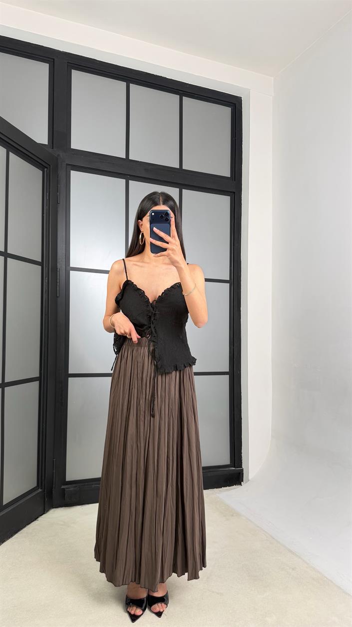 Kahve Beli Lastikli Kırışık Kumaş Etek GAUS-01320