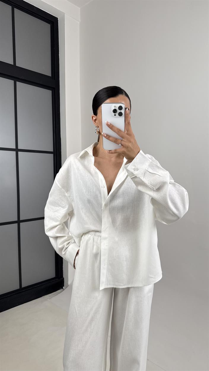 Beyaz Gömlek Beli Lastikli Katlama Detaylı MD Muadil Premium Keten Takım Gaus00591