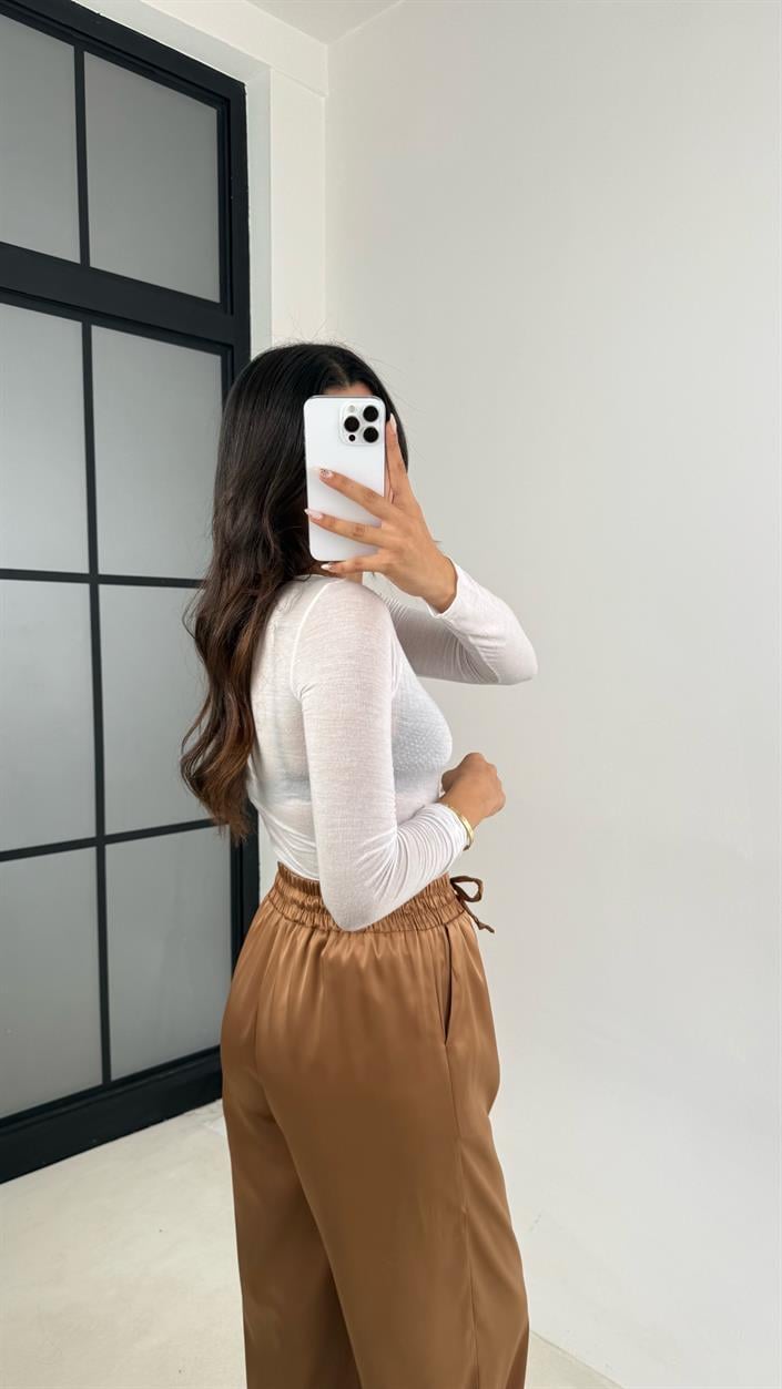 Kahve Beli Lastikli Cepli Saten Pantolon GAUS-0090