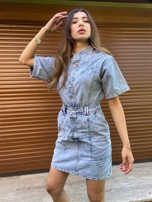 Denim Düğme Detaylı Elbise 