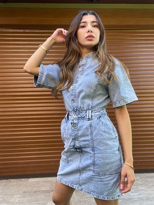 Denim Düğme Detaylı Elbise 