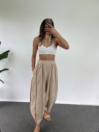 Denisa Keten Bej Şalvar Pantolon