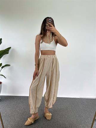 Denisa Keten Bej Şalvar Pantolon