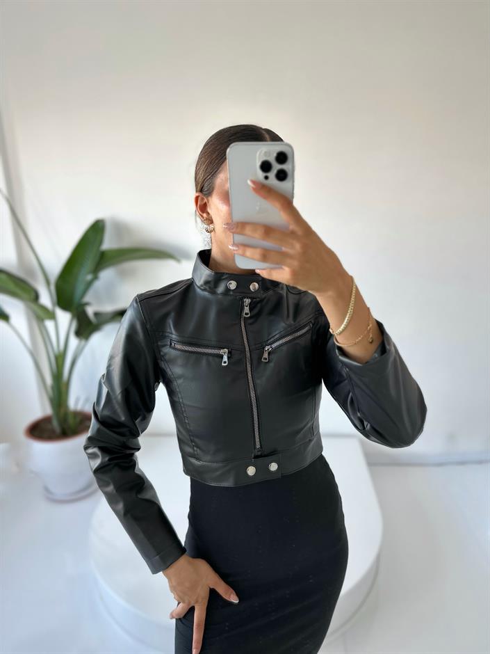 Deri Fermuar Detaylı Crop Ceket 