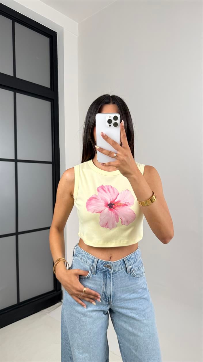 Sarı Çiçek Baskılı Crop Gaus00666