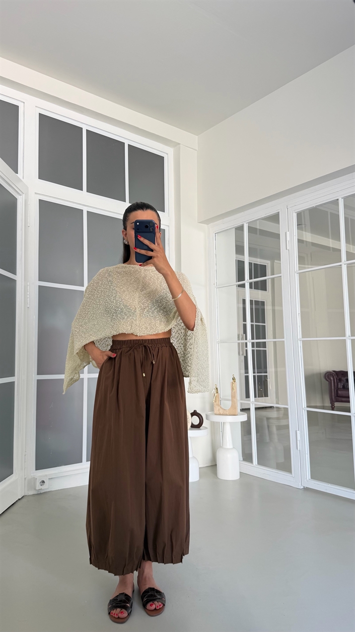 Kahve Beli Lastikli Cepli Poplin Kumaş Pantolon GAUS-01846
