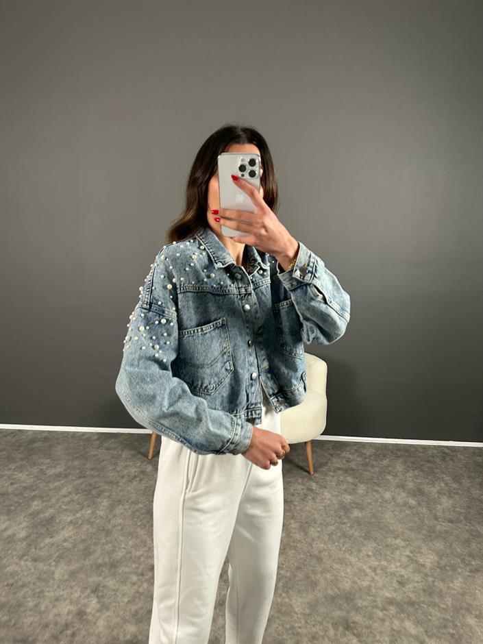 Tasarım İncili Denim Ceket 