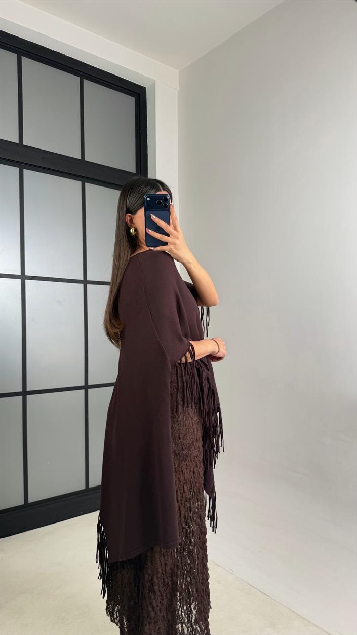 Kahve Püskül Detaylı Tasarım Panço GAUS-01093