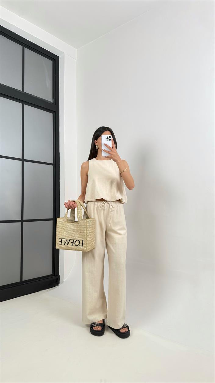 Taş Balon Üst Beli Lastikli Pantolon Astarlı Keten Takım Gaus00353