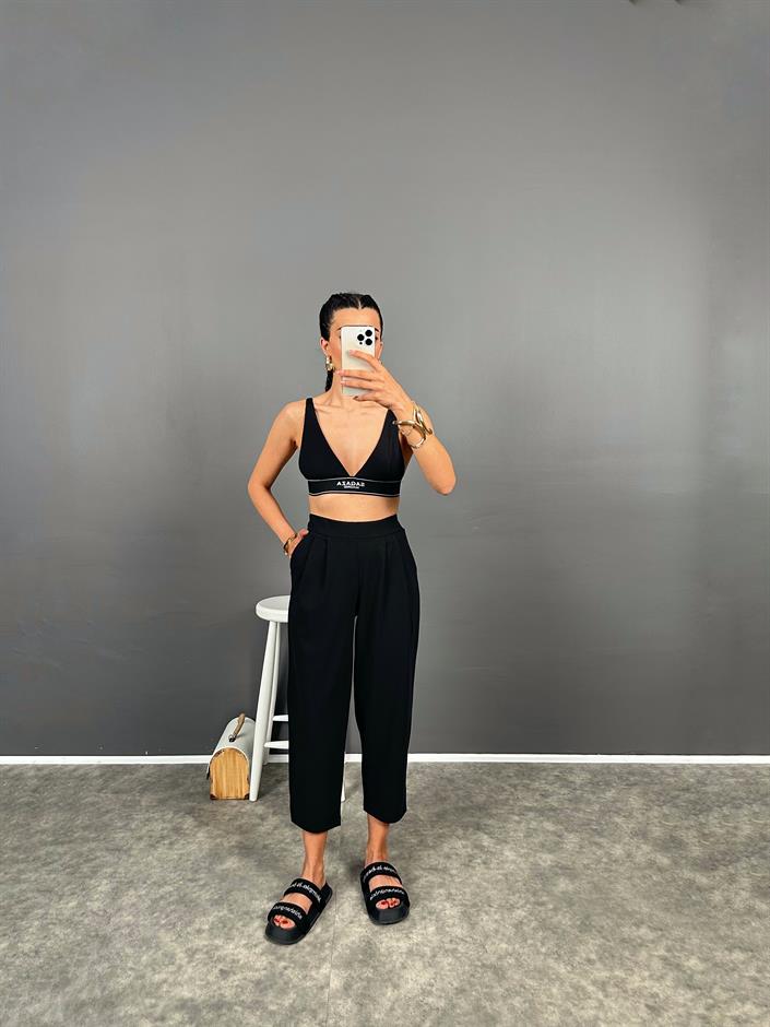 Buddle Siyah Arkası Lastikli Rahat Kalıp Krep Pantolon