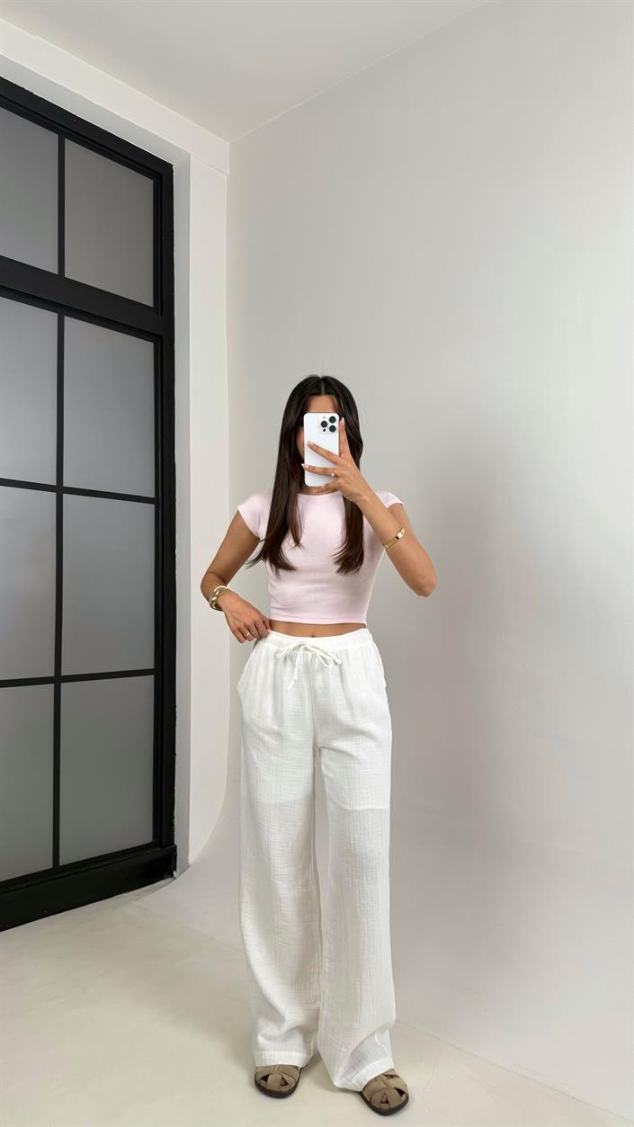 Beyaz Beli Lastikli Müslin Pantolon Gaus00586