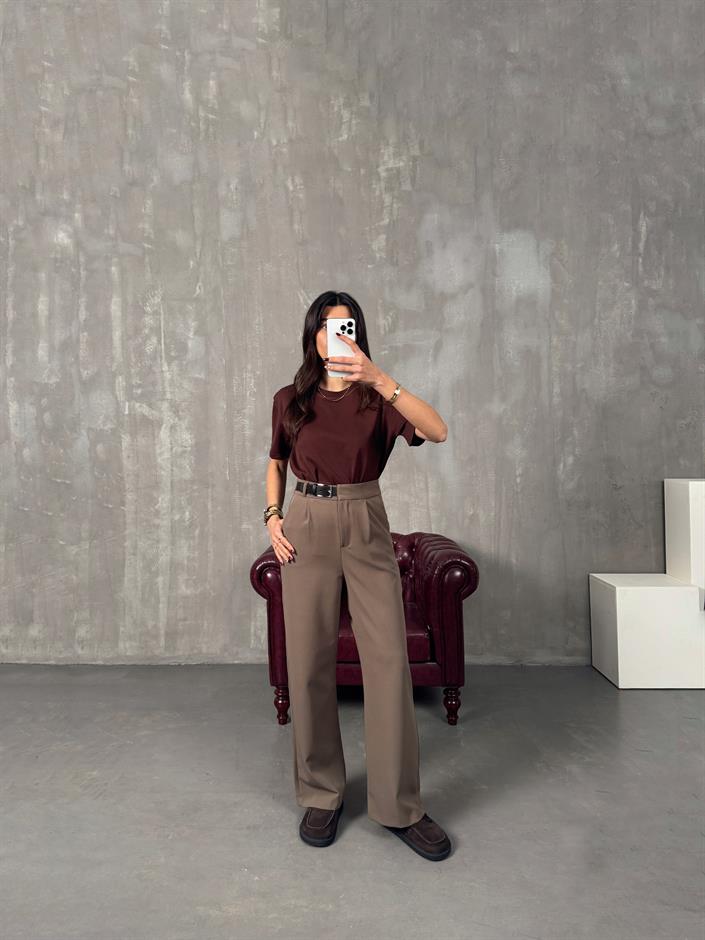 Mocha Kahve Kemer Detaylı Palazzo Pantolon