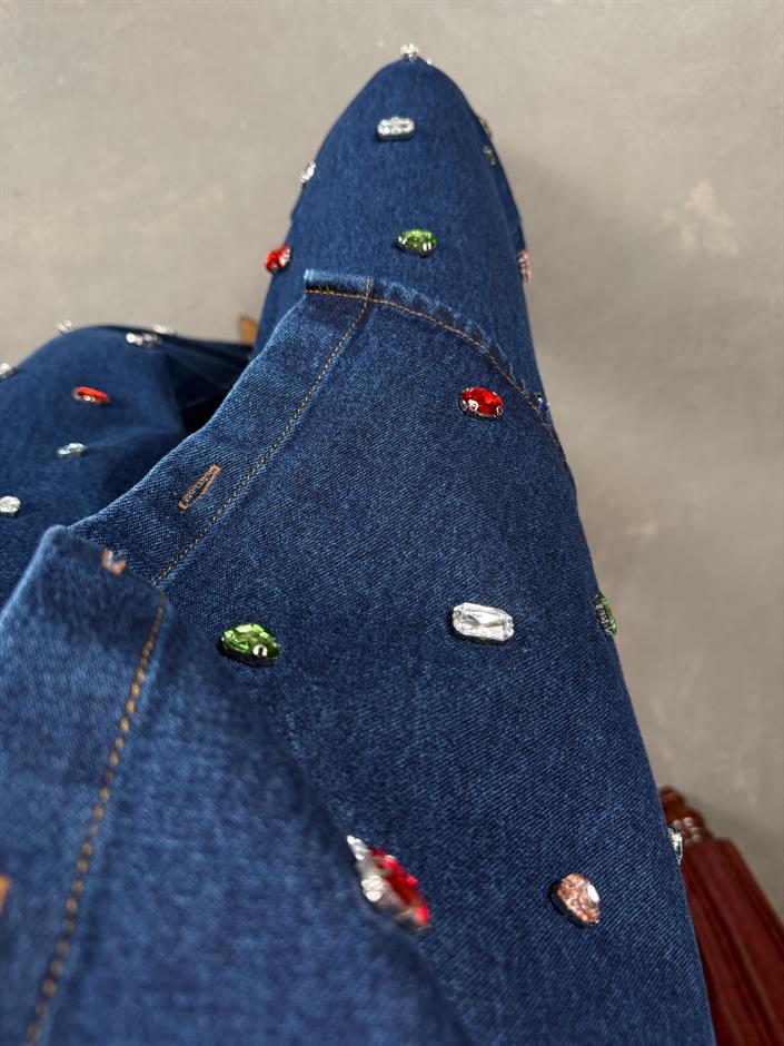Pares Lacivert Taşlı Tasarım Denim Takım