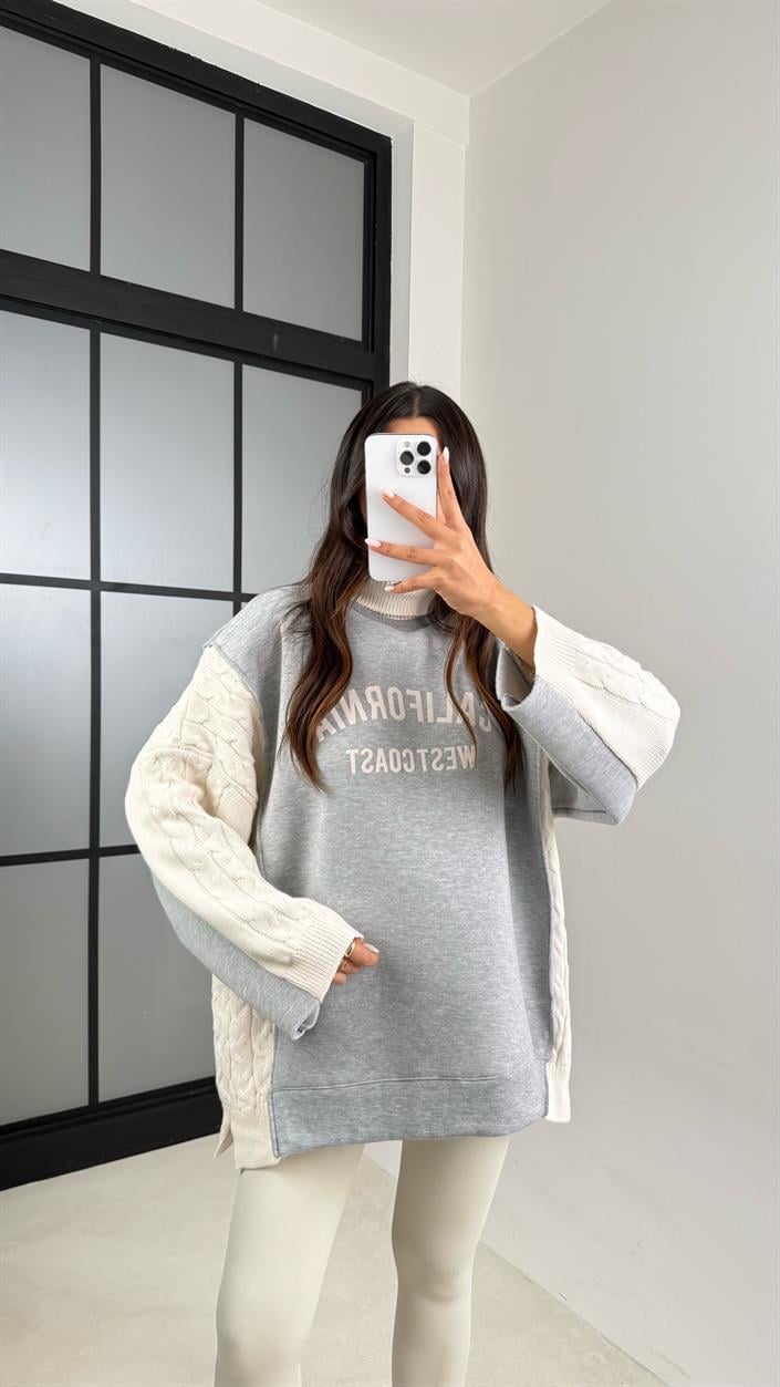 Gri California Yazılı Örgü Detaylı Kazak GAUS-00560