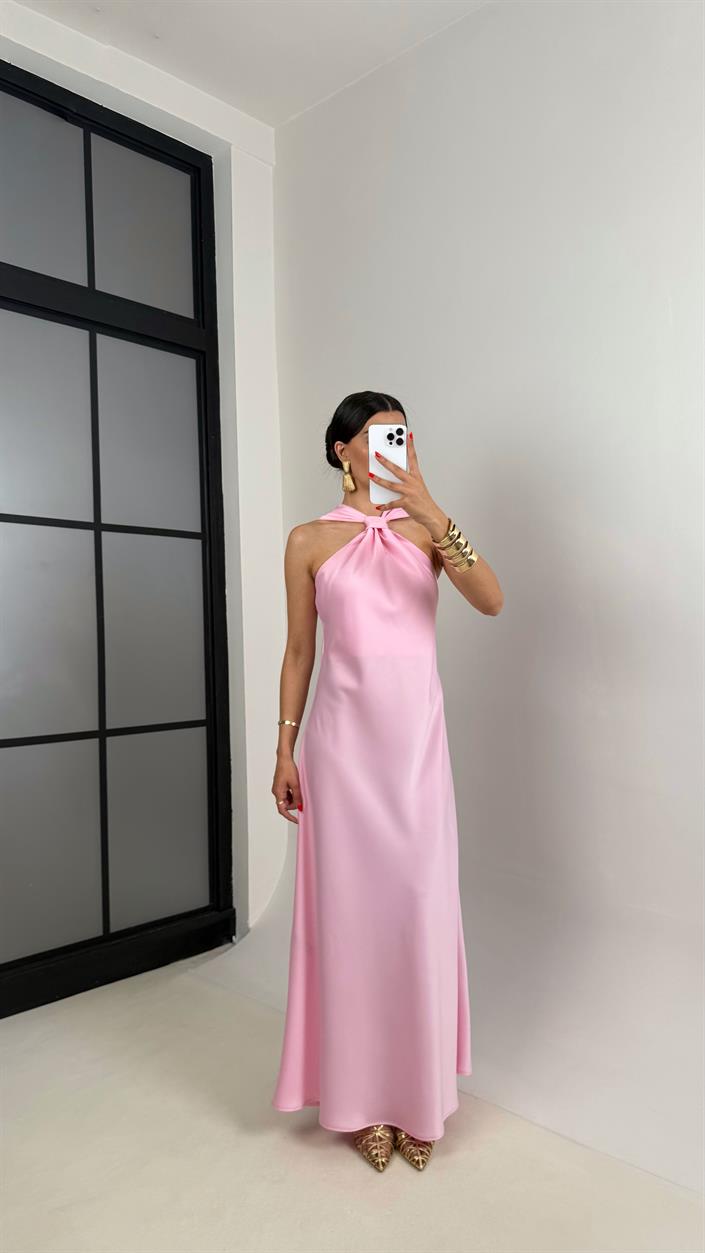 Pembe Bağlama Detaylı Saten Elbise Gaus00503