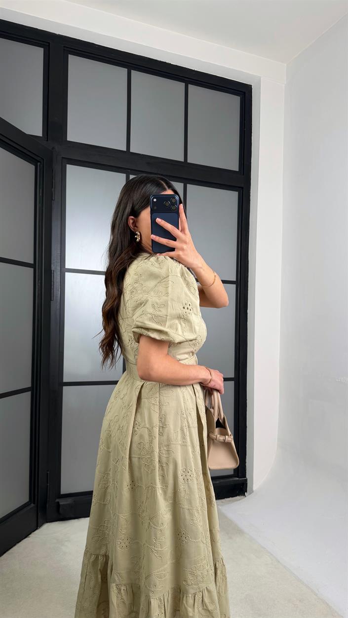 Yeşil Çiçek Nakışlı Kemerli Pinterest Elbise GAUS-01342