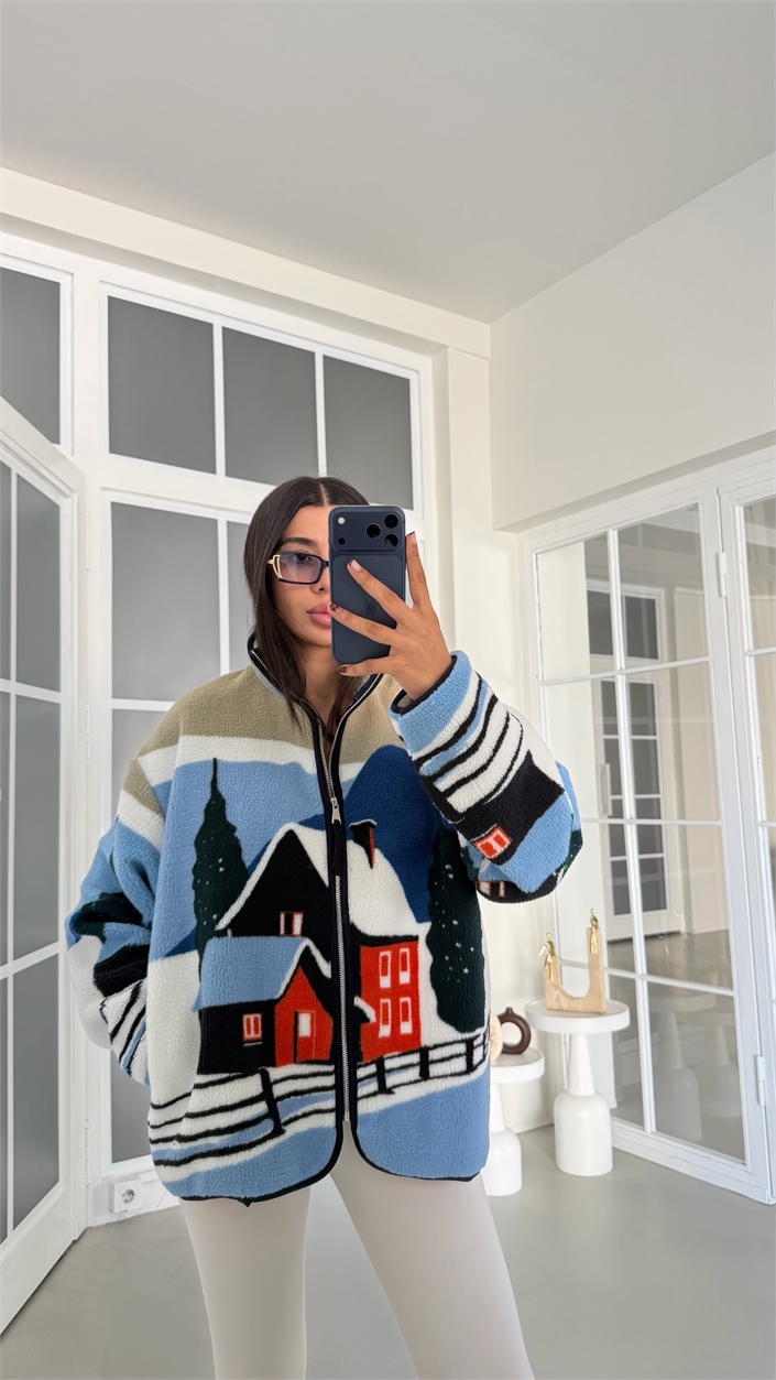 Mavi Ev Desenli Fermuarlı Polar Sweatshirt GAUS-01916 GAUS-01929