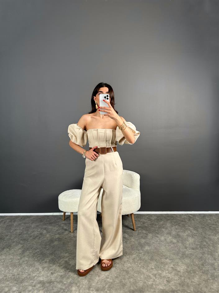 Nick Taş Keten Kemerli Balon Kol Tulum 