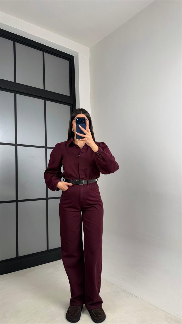 Bordo Kemerli Premium Denim Tulum GAUS-00673