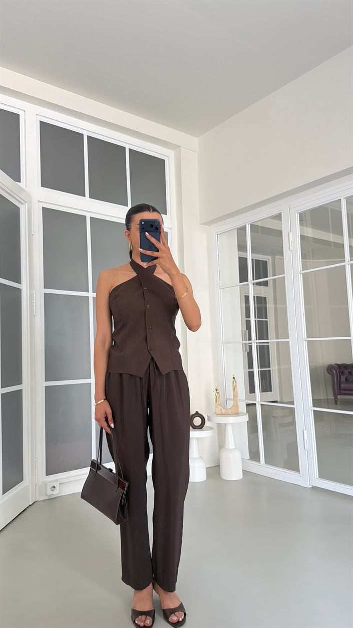 Acı Kahve Halter Yaka Yelek Beli Lastikli Pantolon Muadil Takım GAUS-01770