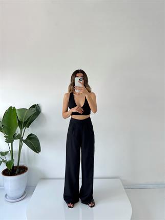 Dora Siyah Keten Palazzo Pantolon