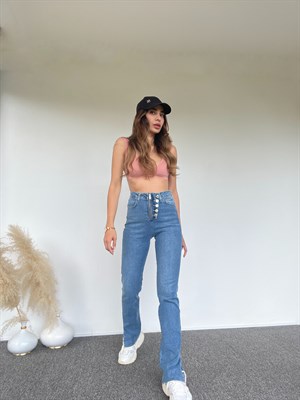 Düğmeli Fermuarlı Yırtmaçlı Jean 