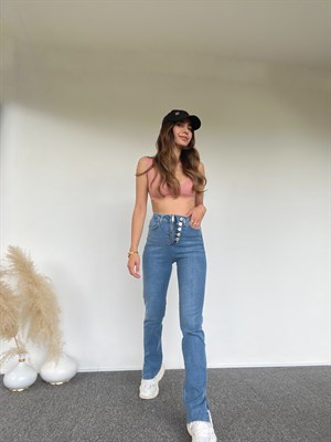 Düğmeli Fermuarlı Yırtmaçlı Jean 