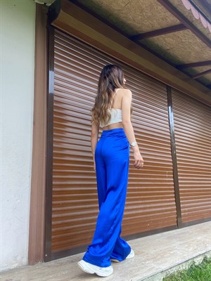 Düğmeli Saten Staright Pantolon Mavi 