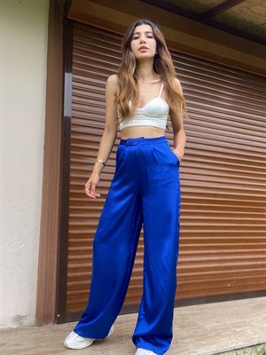 Düğmeli Saten Staright Pantolon Mavi 