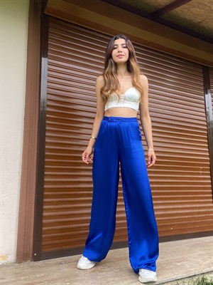 Düğmeli Saten Staright Pantolon Mavi 